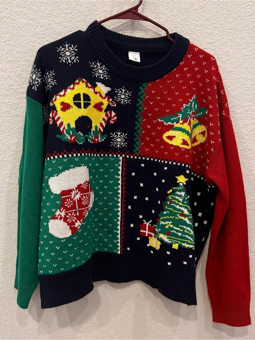 Holiday Patchwork Crewneck Sweater - Red/Green/Navy